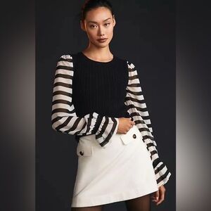 Anthropologie Maeve Cable Knit Sweater Sheer Striped Ruffle Sleeve Top Size XS